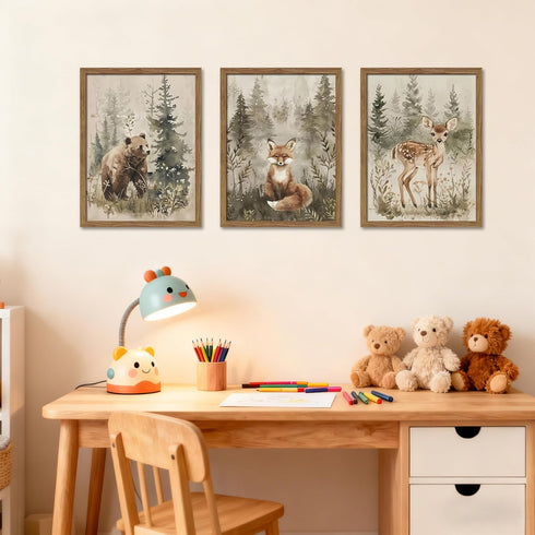 Set 3, 12x16 inch Framed Woodland Wall Art Nursery Decor of Cute Wild Animals Bear Fox Deer Canvas Wall Art, Nature