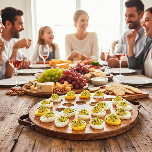 24 Countertop Hiceeden Acacia Wood Deviled Egg Platter with Handles for Easter, Holes Round Deviled Egg Tray Container