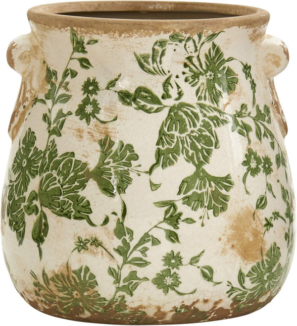 Nearly Natural 6.5in Ceramic Decorative Vase, Tuscan Style Green Floral Scroll Design
