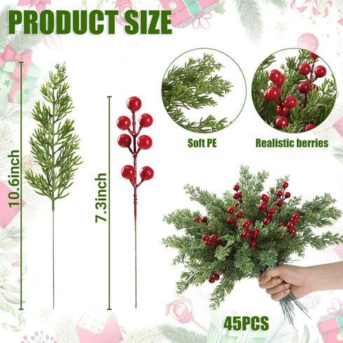 45 Sggvecsy Pcs Artificial Pine Branches Fake Evergreen Norfolk Pine Picks Artificial Red Berry Stems Christmas Cypress