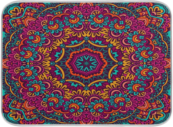 Boho Ethnic Dish Drying Mat - Bohemian Mandala Paisley Kitchen Countertop Mat, 16 x 18 Inch Absorbent