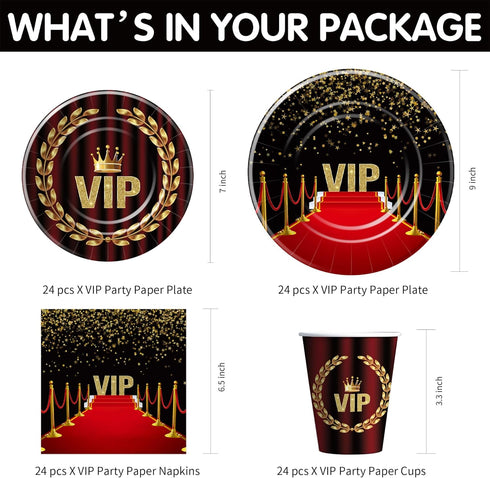 VIP Party Decorations Tableware | Movie Star Red Carpet Birthday Supplies for 24 Guests