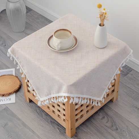 24 24 Inch Linen Small Square Tablecloth x Beige Washable Wrinkle Resistant Table Cover with Tassels Farmhouse