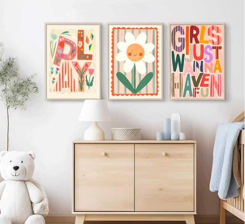 12x16 Inch, Set 3 Boho Floral Sun Nursery Wall Art Girls Just Wanna Have Fun Positivity Affirmation Rainbow Print
