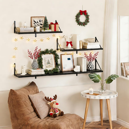 Heimlove 16W 8D Set 2, Black Deep Floating Shelves for Wall, x Wood Wall Shelves of Wide Floating Bookshelf for Living