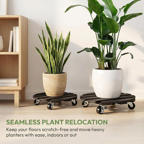 2 Packs 360Lockable 14") ZXZYHFTY Round Wooden Plant Stand with Wheels, Rolling Plant Stand with Wheels for Vertical