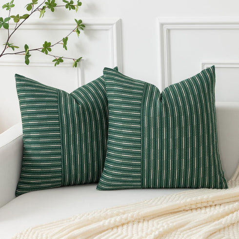 18x18, Set 2, Kevin Textile Dark Green and Beige Farmhouse Striped Patchwork Linen Decorative Throw Pillows Covers