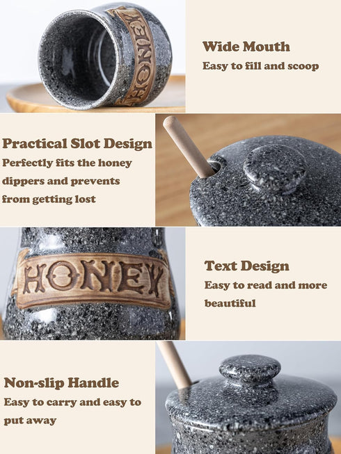 12oz Honey Jar, Honey Pot, Honey Dispenser Grey Ceramic Honey Jar with Wood Dipper & Lid Multi-Use for Fruit Syrup/Jam