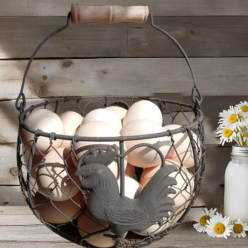 LINCOUNTRY. Countertop Chicken Wire Egg Basket for Gathering Fresh Eggs, Round Metal Egg Collecting Basket with Wooden