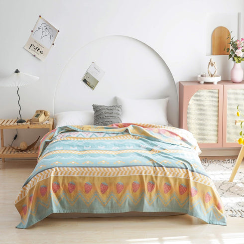 MEJU Summer 100% 2 80 90 Boho Bunny Rabbit Green Muslin Lightweight Strawberry Blanket Throw for Bed Sofa Couch, Cotton