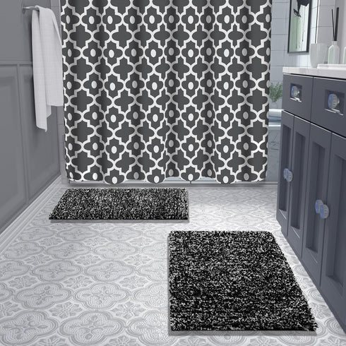 Yimobra Fluffy Bath Rug Set - Shaggy Non-Slip Bathroom Rugs, Machine Washable, 24x17+32x20 Inches, Black and White