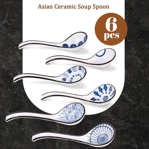 HANSGO 6 Pcs Asian Ceramic Soup Spoons, 6.5 Inch Long Handle Noodle Soup Spoons for Ramen Wonton