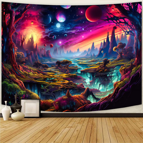 Simpkeely Fantasy Planet Tapestry, Blacklight Forest Natural Landscape Wall Hanging, UV Reactive Sunset Trees for