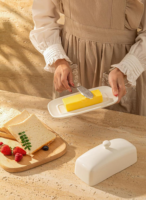 7.8 Inch Sweese Butter Dish with Lid, Porcelain Butter Keeper, Butter Holder with Handle Cover, Butter Container