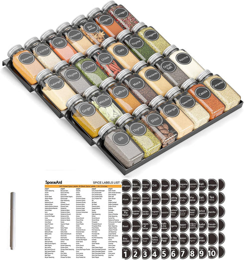 SpaceAid Spice Drawer Organizer with 28 Spice Jars, 386 Spice Labels, 4
