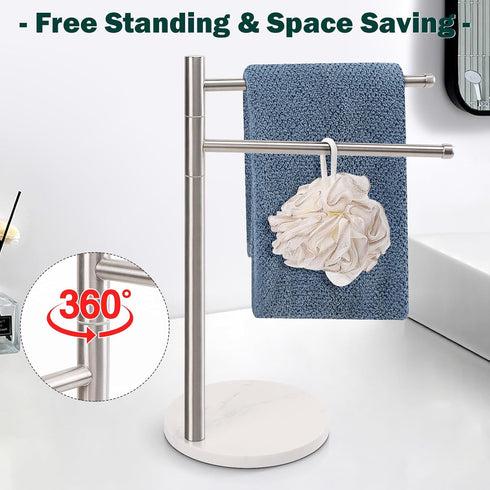 Hand Towel Holder, F-Shape Stand with Marble Base, Stainless Steel Swivel Hand Towel Rack for Bathroom Kitchen