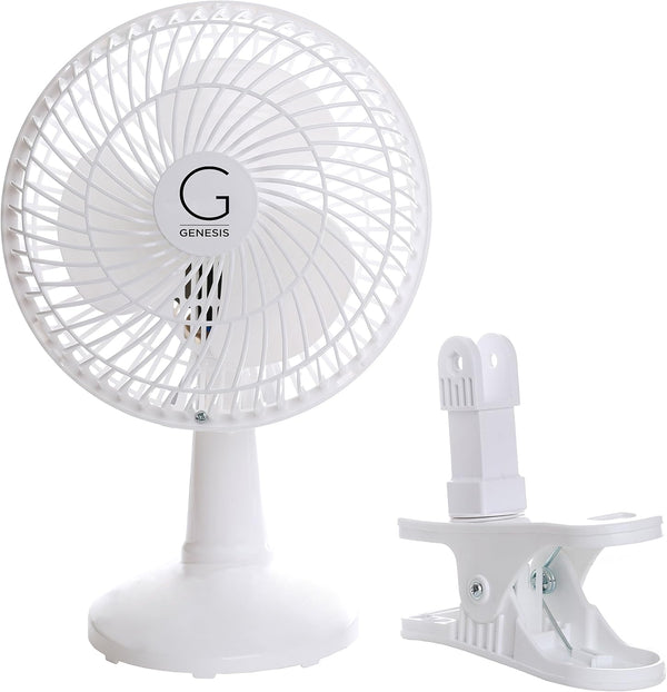 Genesis 6-Inch Clip Fan, Convertible Table-Top & Clip Fan with Two Quiet Speeds, Ideal for Home, Office, White