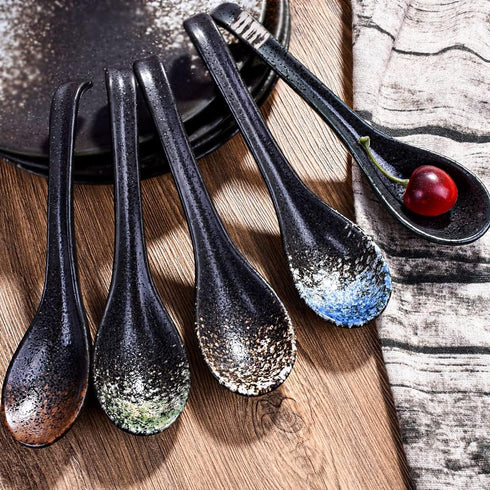 7 inch Japanese and Korean Ramen Spoon Set of 5, Long Handle Ceramic Soup Spoons for Miso, Asian Soup