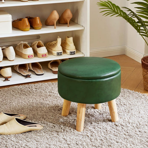 13 Inch WBD023GR IBUYKE Foot Stool Ottoman with Storage, Round Small Foot Rest with Padded Seat and Wood Legs, PU Faux