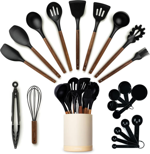 Silicone Kitchen Utensils Set & Holder, Cooking Essentials for New Home & 1st Apartment (Acacia Wood, Black)