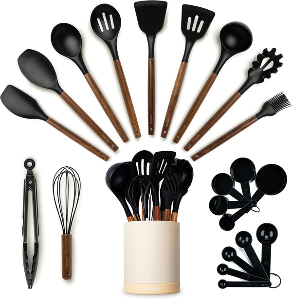 Silicone Kitchen Utensils Set & Holder, Cooking Essentials for New Home & 1st Apartment (Acacia Wood, Black)