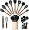 Silicone Kitchen Utensils Set & Holder, Cooking Essentials for New Home & 1st Apartment (Acacia Wood, Black)