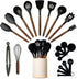 Silicone Kitchen Utensils Set & Holder, Cooking Essentials for New Home & 1st Apartment (Acacia Wood, Black)