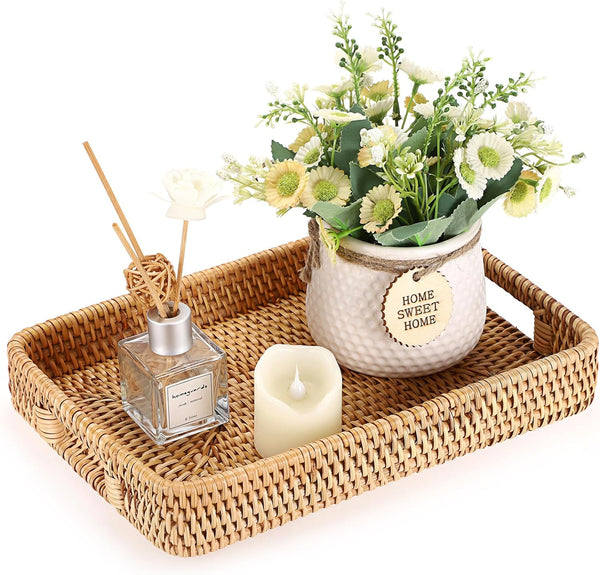 Hipiwe Rattan Serving Tray Hand Woven Tray with Handles Rattan Rectangular Basket Trays