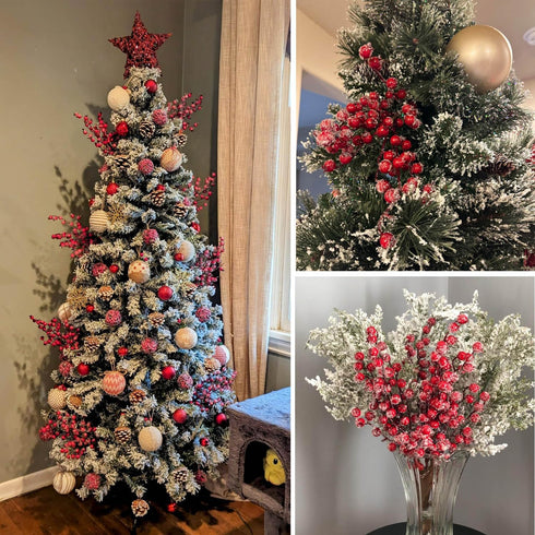 Feitore 6 Pack 17" Frosted Red Berry Stems, Long Artificial Snowy Christmas Berries Picks Winter Holly Berry Branches