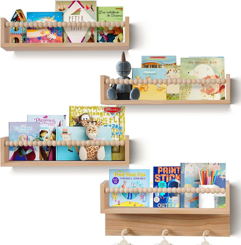 Generic Bookshelves,Set 4 BOMID Wall of Natural Wood Floating Bookshelf,Nursery Shelves,Floating Book Shelves