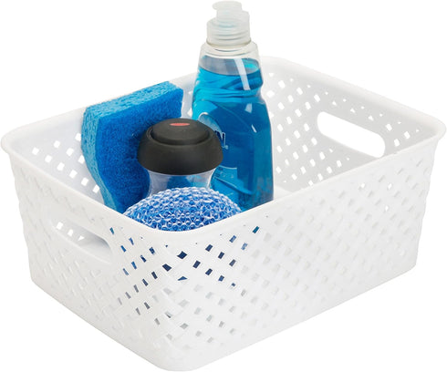 Simplify Small White Resin Wicker Tote | Storage Bin | Plastic Organizer with Carrying Handles for Bathroom