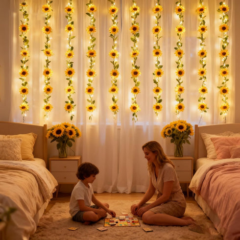 7.2ft GOESWELL Artificial Sunflower Garland with String Light: Fake SilkFlowers Vines with Green Leaves and Remote