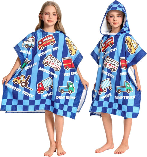 OLAOLA Printed Car Hooded Kids Beach Towels for 3-12 Years Boys Girls,