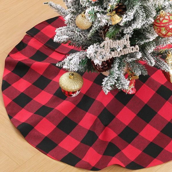 Christmas Tree Skirt Red Black Buffalo Plaid, Small 24 inch Cotton Linen Fabric for Fall Farmhouse Thanksgiving Xmas