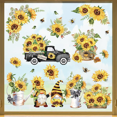 decalmile Sunflower Double Sided Window Clings, Gnomes Summer Flowers Window Stickers for Glass Doors