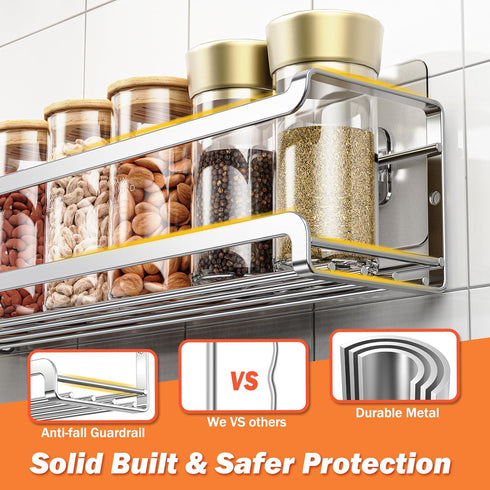 Spice Rack Wall Mounted 4 Pack, Space-Saving Organizer for Spice Jars and Seasonings, Chrome