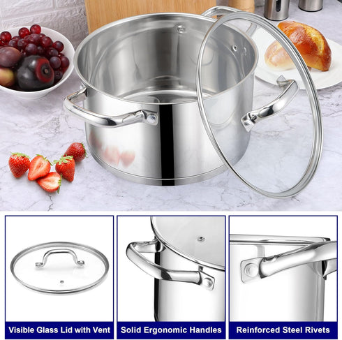 LIANYU 8 QT Stock Pot, Heavy Duty Stainless Steel, Large Cooking Pot for Pasta, Soup, Noodles, with Glass Lid