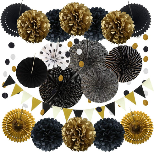 ZERODECO Party Decoration, 21 Pcs Black and Gold Hanging Paper Fans, Pom Poms, Garlands for Birthday Wedding Décor