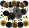 ZERODECO Party Decoration, 21 Pcs Black and Gold Hanging Paper Fans, Pom Poms, Garlands for Birthday Wedding Décor