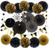 ZERODECO Party Decoration, 21 Pcs Black and Gold Hanging Paper Fans, Pom Poms, Garlands for Birthday Wedding Décor