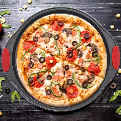 Round Pizza Pan with Holes, Non-Stick Carbon Steel Pizza Tray for Oven Cooking, Baking, Grilling, Dishwasher Safe