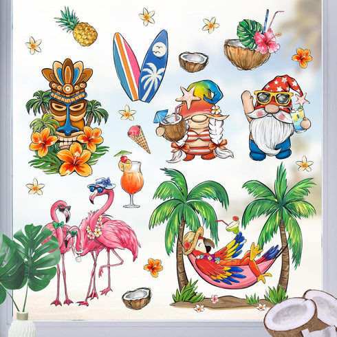 Mfault Summer Gnome Window Clings, 9 Sheets Tropical Tiki Flamingo Parrot Stickers for Seasonal Home Kitchen Decor