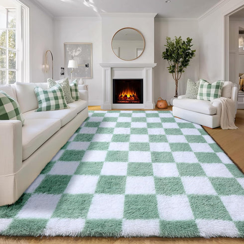 KICMOR 5x8 Cozy Living Room Rugs Sage Green and White, Large Fluffy Furry Shaggy Fuzzy Checkered Area Rug Bedroom Big