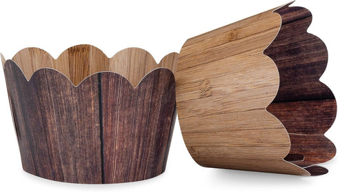 Woodgrain Cupcake Wrappers for Rustic Weddings, Set of 24 Reversible Woodsy Cup Cake Holder Wraps, Brown