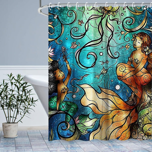 LIVILAN Mermaid Shower Curtain Set - Jellyfish Fabric Bathroom Curtains with Hooks, Washable 72x72 Inches