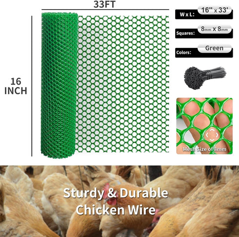 16in 33Ft (16in 33Ft, Plastic Wire Mesh Fence x Plastic Chicken Wire Mesh for Poultry, Dogs, Rabbit, Snake Barrier