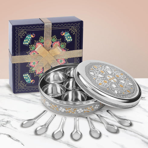 7 7 7 (9 Inch) KSJONE Designer Spice Box, Spice Jars, Holds Spices, Steel Spice Container with Spoons, Storage