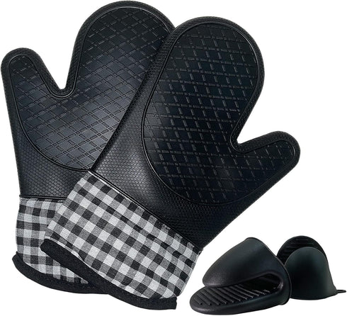 4pcs Set Oven Gloves and Pot Holder Set, Heat-Resistant 500 Degree, Non-Slip Food-Grade Long Oven Gloves