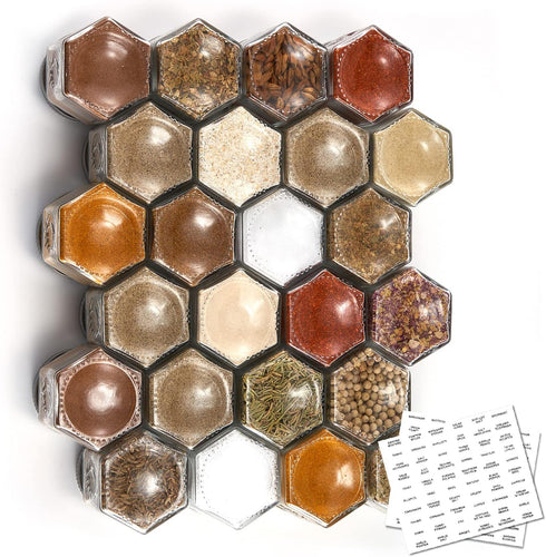 Homazing Set of 24 Hexagon Glass Spice Jars with Shaker Lids and Labels