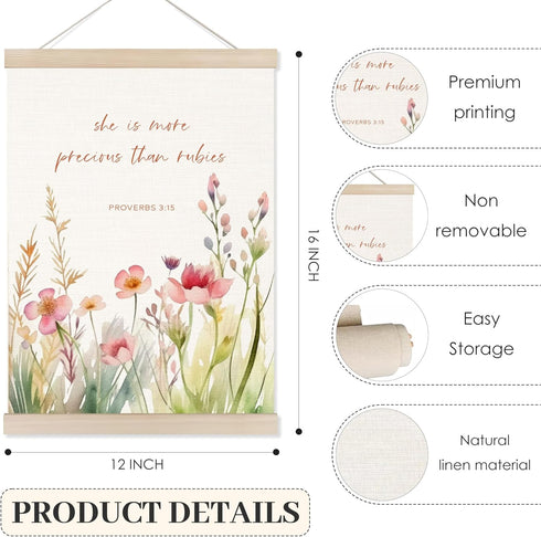 Koesus 12x16 Inch, Nursery Bible Verses Christian Wall Art Poster Hanger Frame She is More Precious Than Rubies